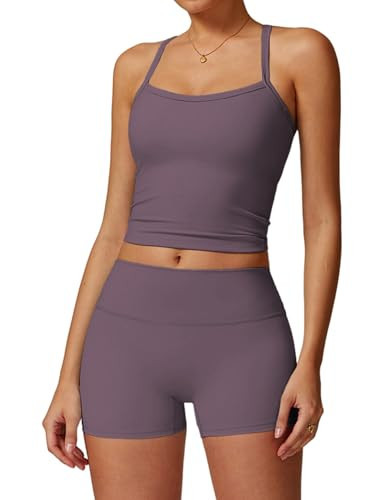 QBGJTD Two Piece Workout Sets For Women Straps Cross Back Tank Top Matching High Waist Booty Lifting Biker Shorts 2 Piece Gym Yoga Active Wear Outfits Womens Athletic Work Out Clothes Purple L | Amazon (US)