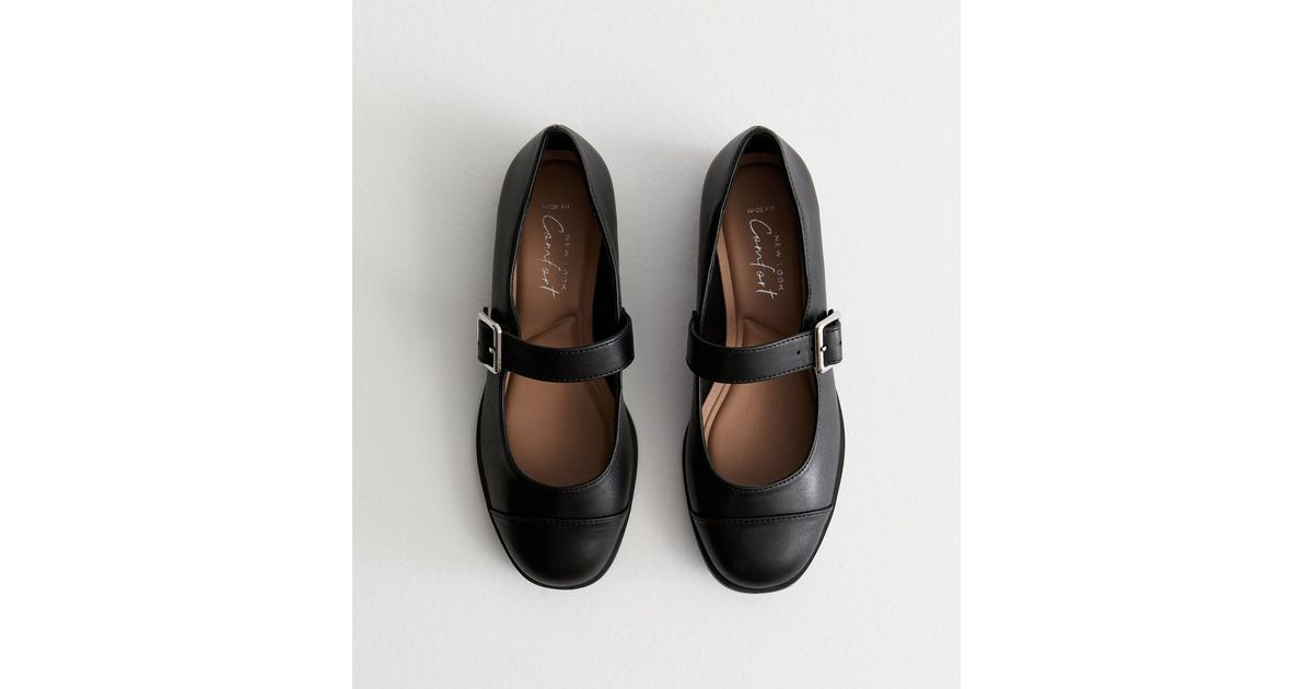 Wide Fit Black Leather-Look Mary Jane Shoes | New Look | New Look (UK)