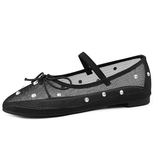Black Flats for Women Mesh Shoes Bow Style Ballet Flats Fashion Dressy Round Toe Rhinestone Womens Flats Summer Fall Ballerina Flats Stretch Strap Marry Jane Comfy Trendy Size 9.5 | Amazon (US)