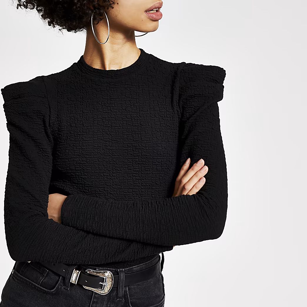 Black textured long puff sleeve top | River Island (UK & IE)