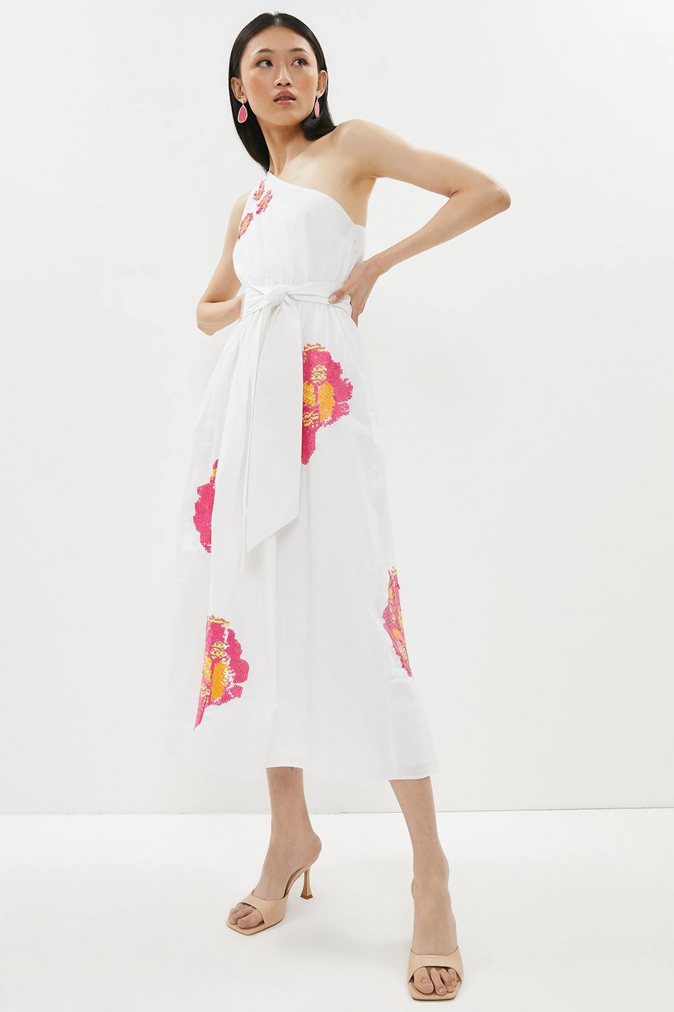 One Shoulder Floral Sequin Poplin Midi Dress With Belt | Coast (UK)