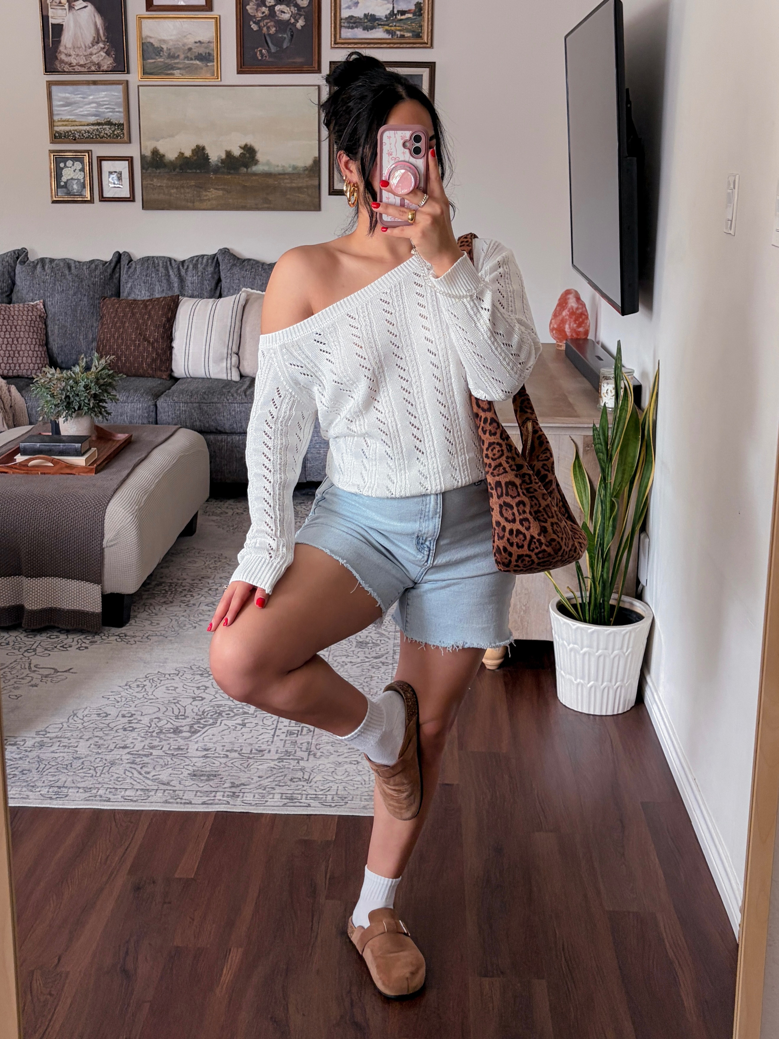 comfy casual transitional ootd 🍂  white sweater, white knit sweater, off shoulder sweater, one shoulder sweater, oversized sweater, cable knit sweater, open knit sweater, knit top, denim shorts, high waisted denim shorts, light wash denim shorts, cutoff shorts, sweater and shorts outfit, white and denim outfit, brown clogs, suede clogs, clog shoes, brown shoes, white socks, leopard print bag, leopard print tote, leopard print handbag, animal print accessories, casual outfit, casual chic outfit, fall outfit, fall fashion, autumn outfit, transitional outfit, summer to fall outfit, cozy fall outfit, everyday outfit, weekend outfit, cute casual outfit, effortless outfit, neutral outfit, western inspired outfit, western chic outfit, boho outfit, country chic outfit, cottagecore outfit, coffee run outfit, errands outfit, brunch outfit, casual weekend style, cozy outfit ideas, fall layering, timeless style, LTK fashion, LTK outfit, outfit inspiration, cupshe outfit, cupshe top  

 #LTKdayinmylife #LTKgrwm #LTKootd