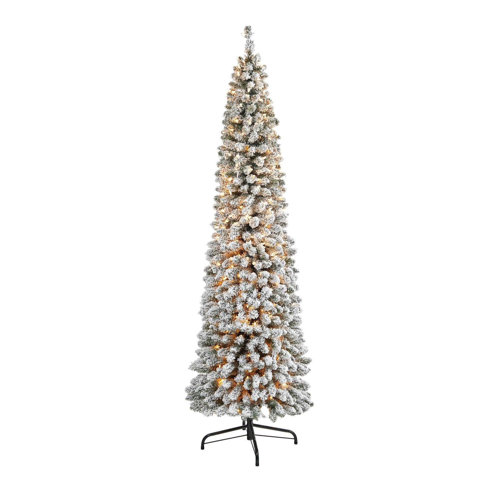 7’ Flocked Pencil Artificial Christmas Tree with 400 Clear Lights and 574 Bendable Branches | N... | Nearly Natural