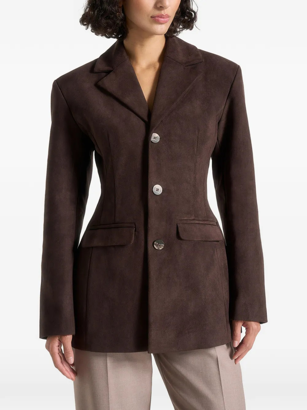 Claire in brown suede wide shoulder cinch waist blazer | Farfetch Global