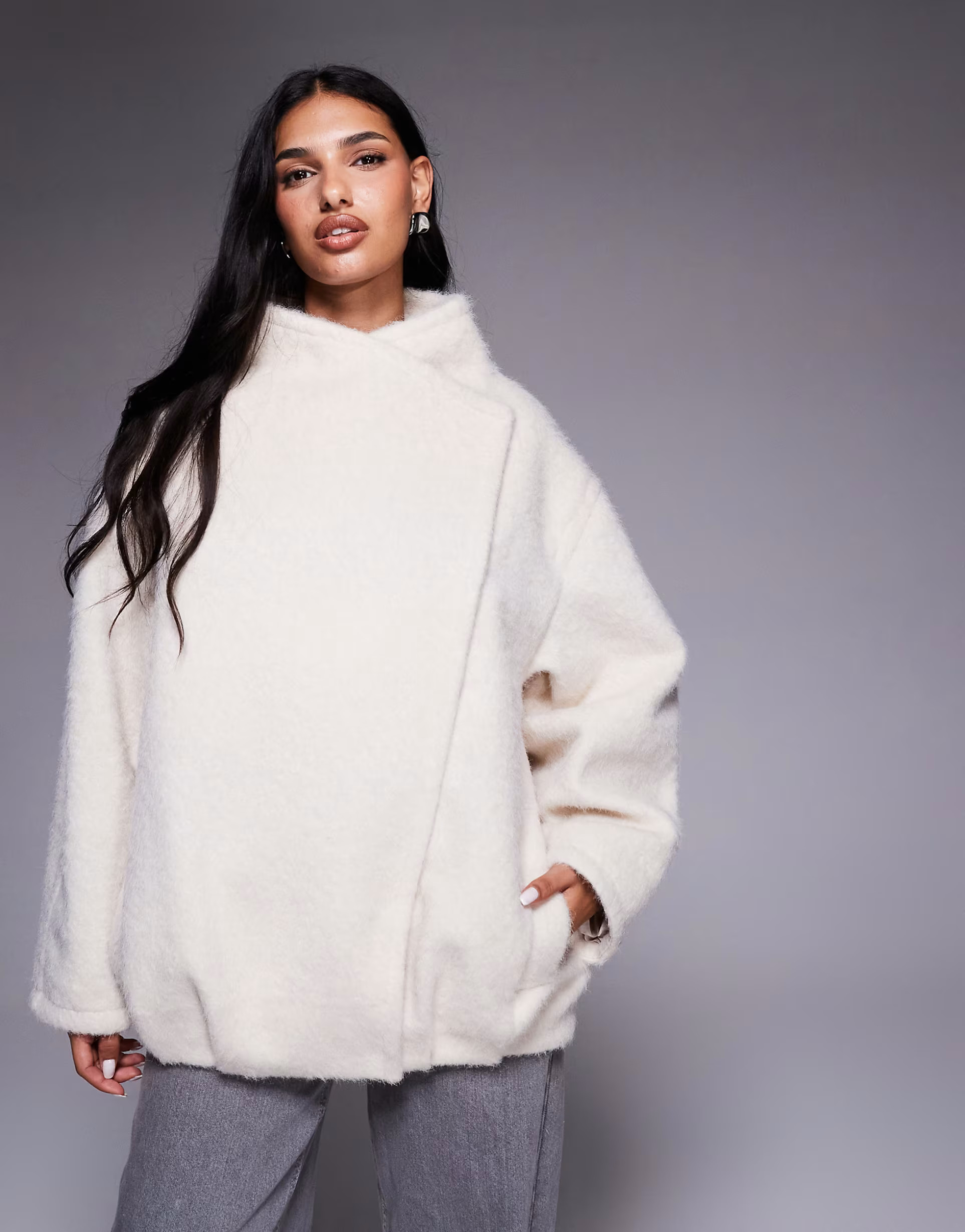 ASOS DESIGN slouchy pea coat with asym collar in cream | ASOS (Global)