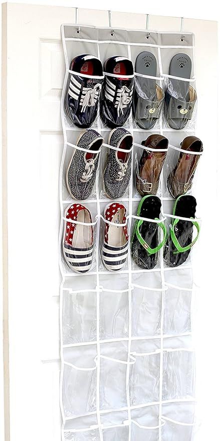 24 Pockets - SimpleHouseware Crystal Clear Over The Door Hanging Shoe Organizer, Gray (64'' x 19'... | Amazon (US)