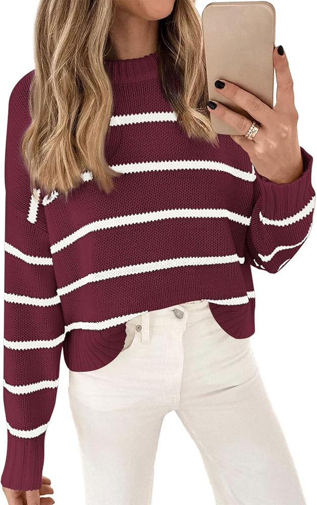 LILLUSORY Womens Cropped Striped Sweater Casual Pullover Ribbed Knit Cute Crewneck Sweaters | Amazon (US)