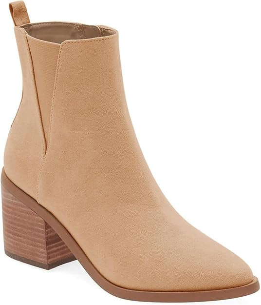 Coutgo Womens Pointed Toe Ankle Boots Chunky Block Stacked Heel Side Zipper Chelsea Fall Booties | Amazon (US)