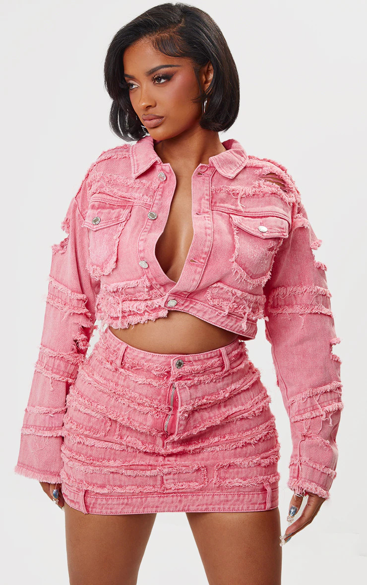 Shape Washed Red Distressed Denim Cropped Jacket | PrettyLittleThing US