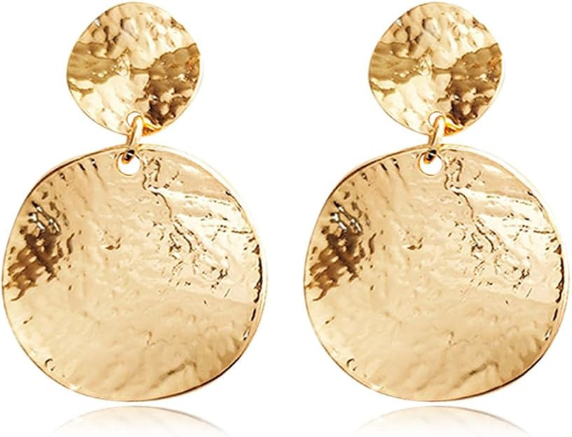 Boho Texture Earrings Gold Disc Coin Earring Vintage Disc Drop Earrings Hammered Round Circle Dan... | Amazon (US)