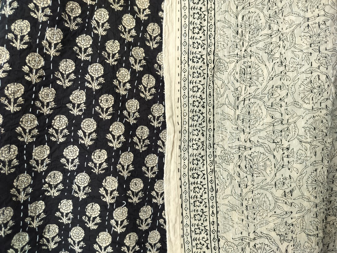 Black Color Indian Kantha Quilt Reversible Kantha Throw Hand Block Print Indian Bedspread Queen K... | Etsy (US)