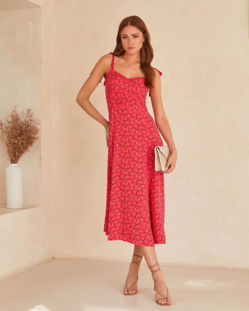 Riko Floral Shoulder Tie Midi Dress - Berry | VICI