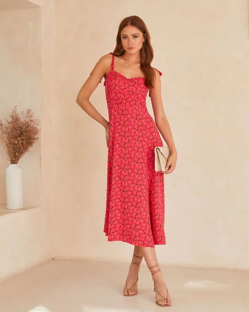 Riko Floral Shoulder Tie Midi Dress - Berry | VICI Collection