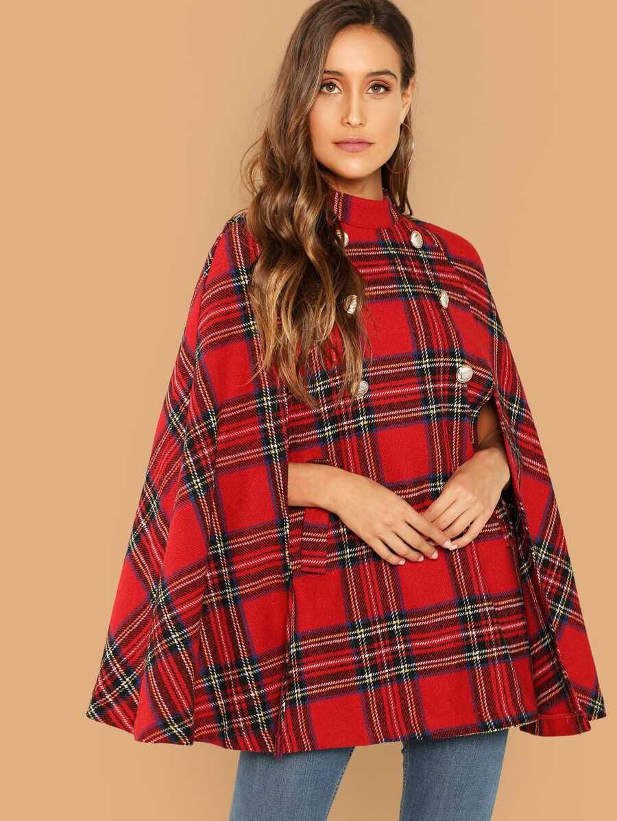 Double Button Plaid Cape Coat | SHEIN