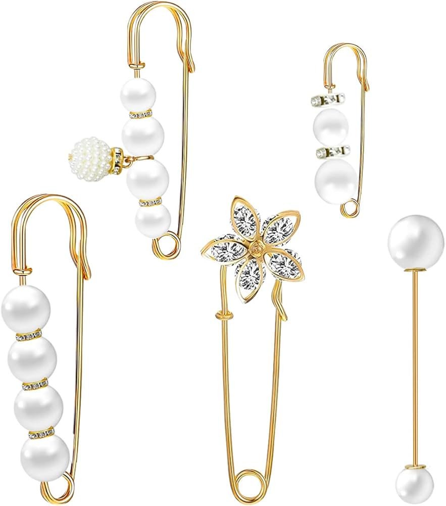 5 Pieces Pearl Brooch Safety Pins for Clothes Safety Pin for Women Fashion Sweater Shawl Collar D... | Amazon (US)