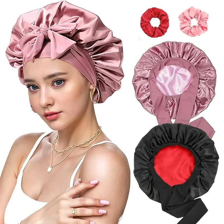 Double Layer Adjustable Tie Band Satin Silk Bonnet Sleep Cap for Sleeping, Double-Sided Color, 2 ... | Walmart (US)