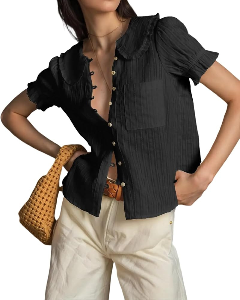 Womens Peter Pan Collar Shirt Short Puff Sleeve Button Down Blouse Tops 2025 Summer Casual Stripp... | Amazon (US)