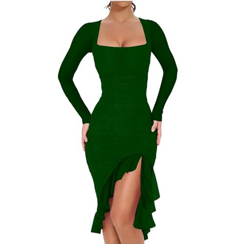 Women's Sexy Club Party Dresses,2025 Square Neck Long Sleeve Ruched Bodycon Dress Elegant Ruffle Hem Cocktail Party Dress Slim Fit Midi Wedding Guest Dress Semi Dress(Dark Green,Medium) | Amazon (US)