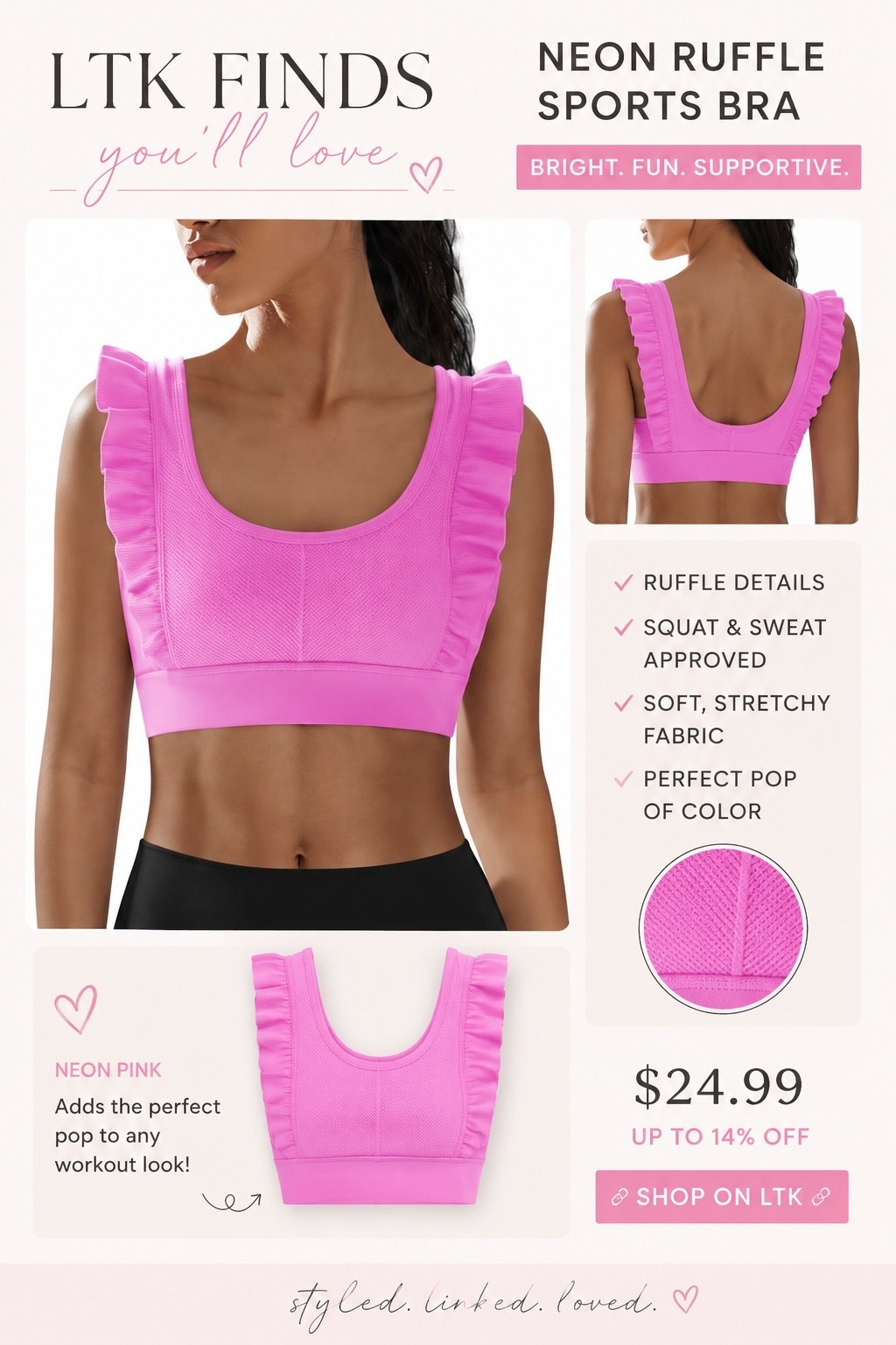 💖 Neon season is calling and I am here for it! This ruffle sports bra from Amazon is the perfect mix of feminine and functional. The bright pink color makes any workout outfit pop, and the ruffle details are just too cute to pass up. ✨

Whether you’re headed to the gym, running errands, or just love a fun athleisure look, this piece is a standout. Linking this sports bra plus more neon activewear finds from Amazon that look designer-inspired without the designer price tag! 💕🏃‍♀️

#LTKActive #LTKStyleTip #AmazonFashion #AmazonFinds #AthleisureStyle #WorkoutWear #NeonFashion #PinkObsessed #FitnessFashion #AmazonActivewear #LTKFitness #SummerStyle