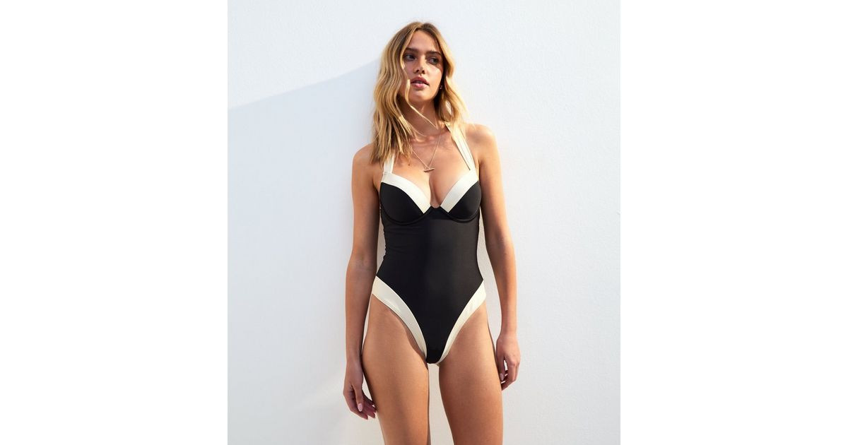 Black Contrast Trim Underwired Swimsuit  | New Look | New Look (UK)
