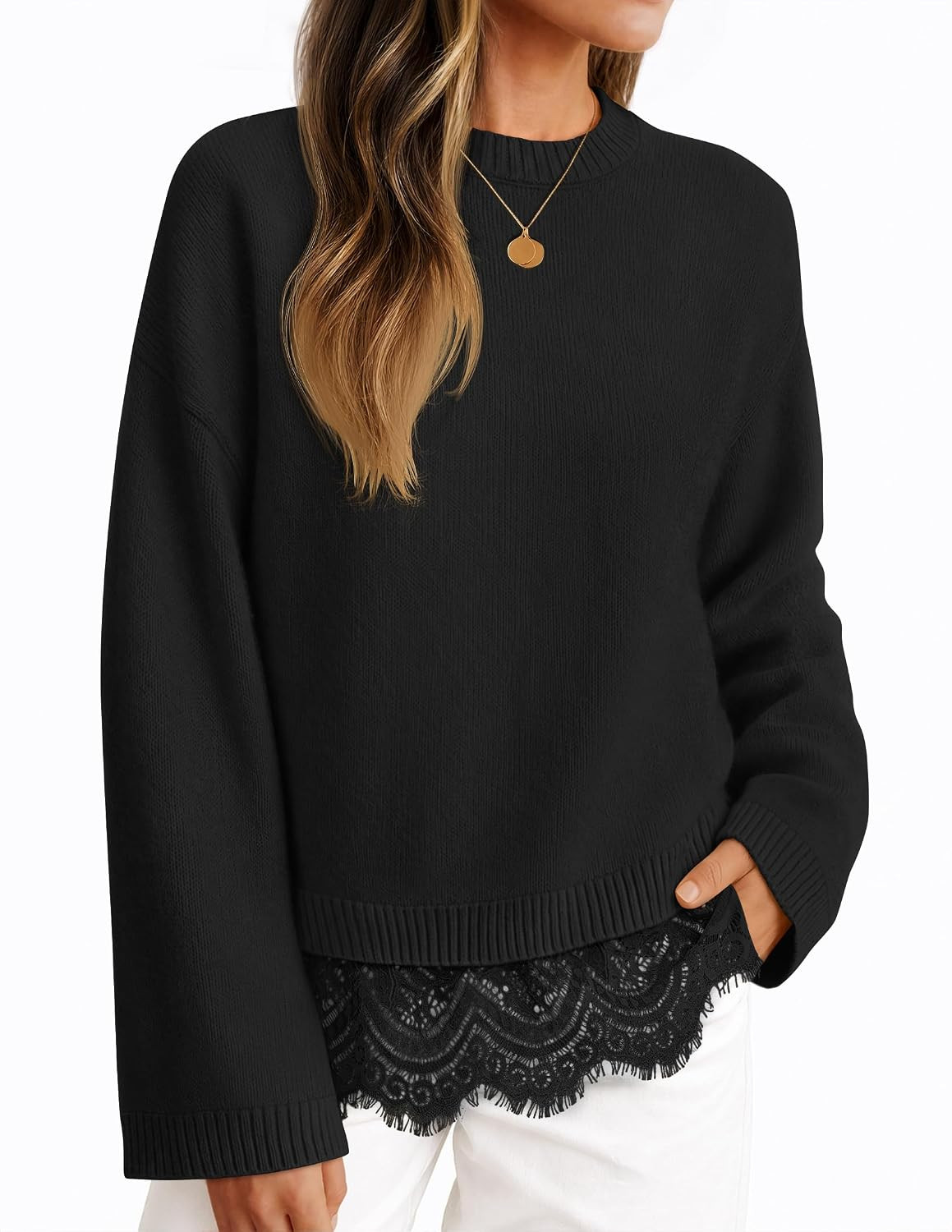 ZESICA Women's Fall Winter Sweaters 2026 Lace Trim Pullover Tops | Amazon (US)