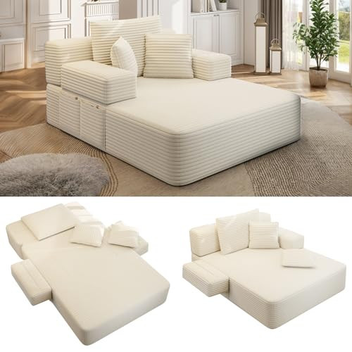 RIDFY Convertible Sleeper Sofa Bed | Oversized Chaise Lounge Chair Indoor | Boneless Plush Corduroy Couch with Storage for Small Spaces (Beige) | Amazon (US)