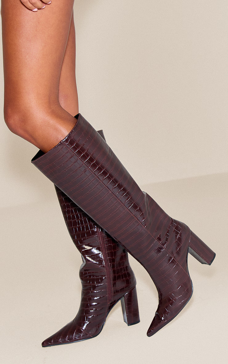Chocolate Croc Point Toe Block Heel Knee High Boot | PrettyLittleThing UK
