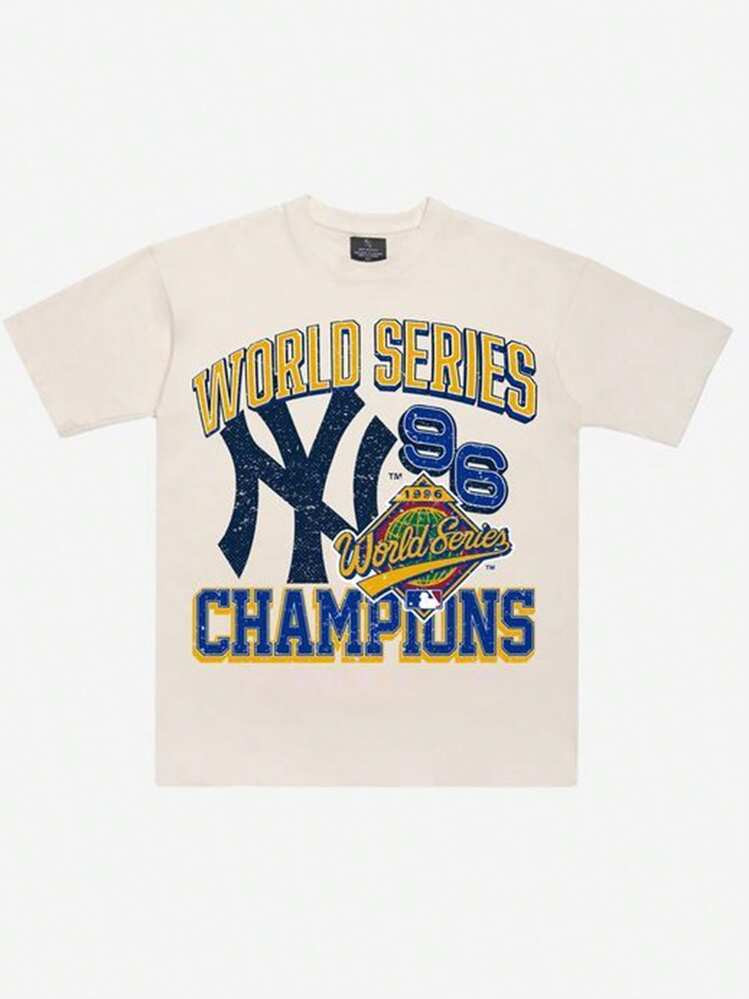 World Championship Champion Pattern Printed Round-Neck T-Shirt (220g Pure Cotton T-Shirt) 100% Pure Cotton Fabric - Street Style Neutral Round-Neck Breathable Short-Sleeved T-Shirt, Retro, Casual, Versatile And Fashionable Summer Men's Daily Wear T-Shirt | SHEIN