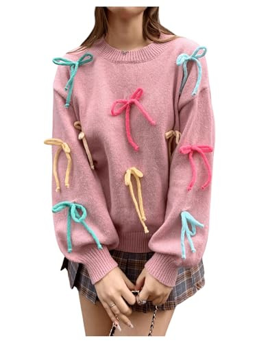 GORGLITTER Women's Bow Knit Sweater Long Sleeve Crew Neck Cute Coquette Sweaters top Pink Large | Amazon (US)