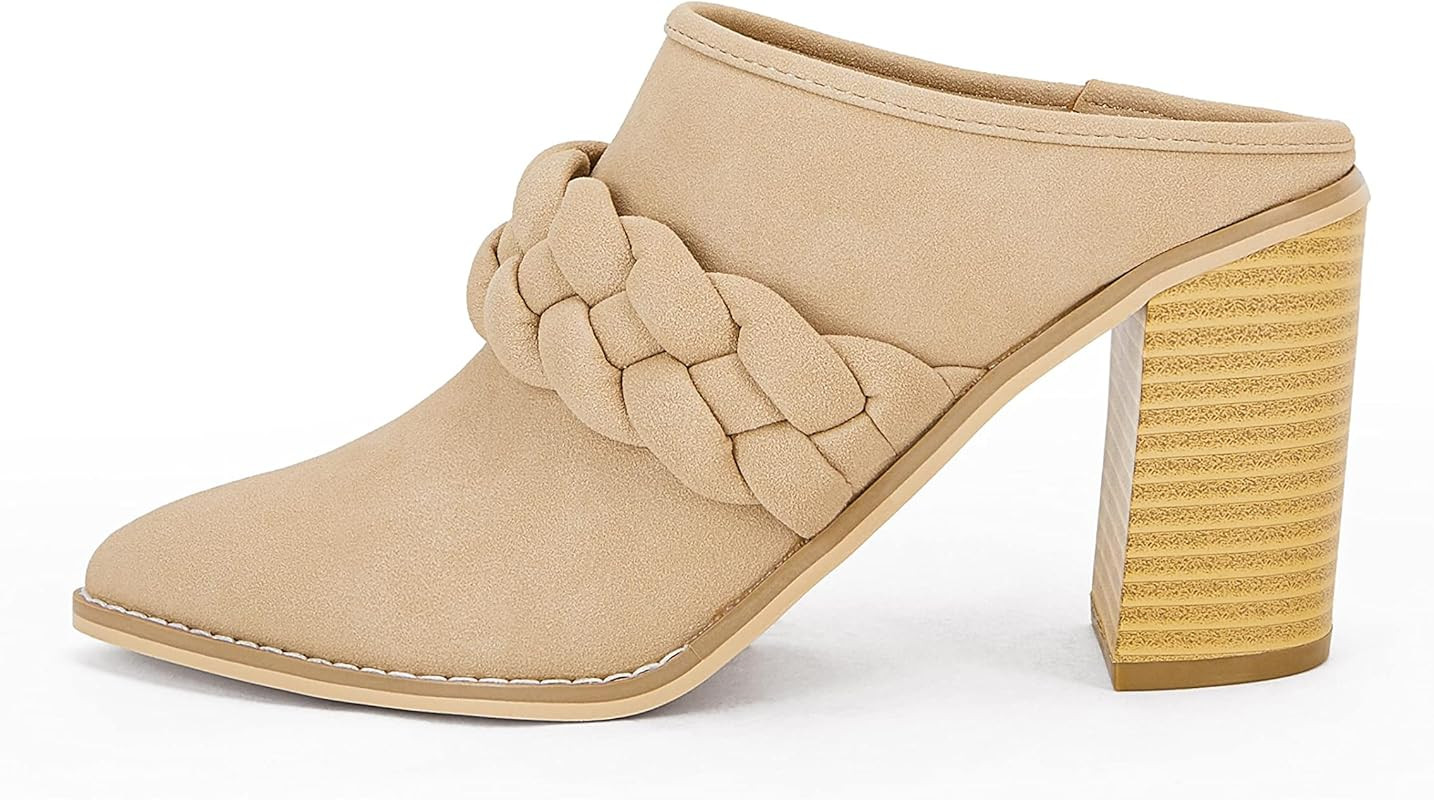 Womens Chunky Block Heel Mules Braided Strap Backless Booties Slip On Closed Pointed Toe Shoes | Amazon (US)