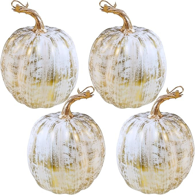 Winlyn Set of 4 Gold Brushed White Artificial Pumpkins Fall Harvest Pumpkins Decorative Pumpkins ... | Amazon (US)