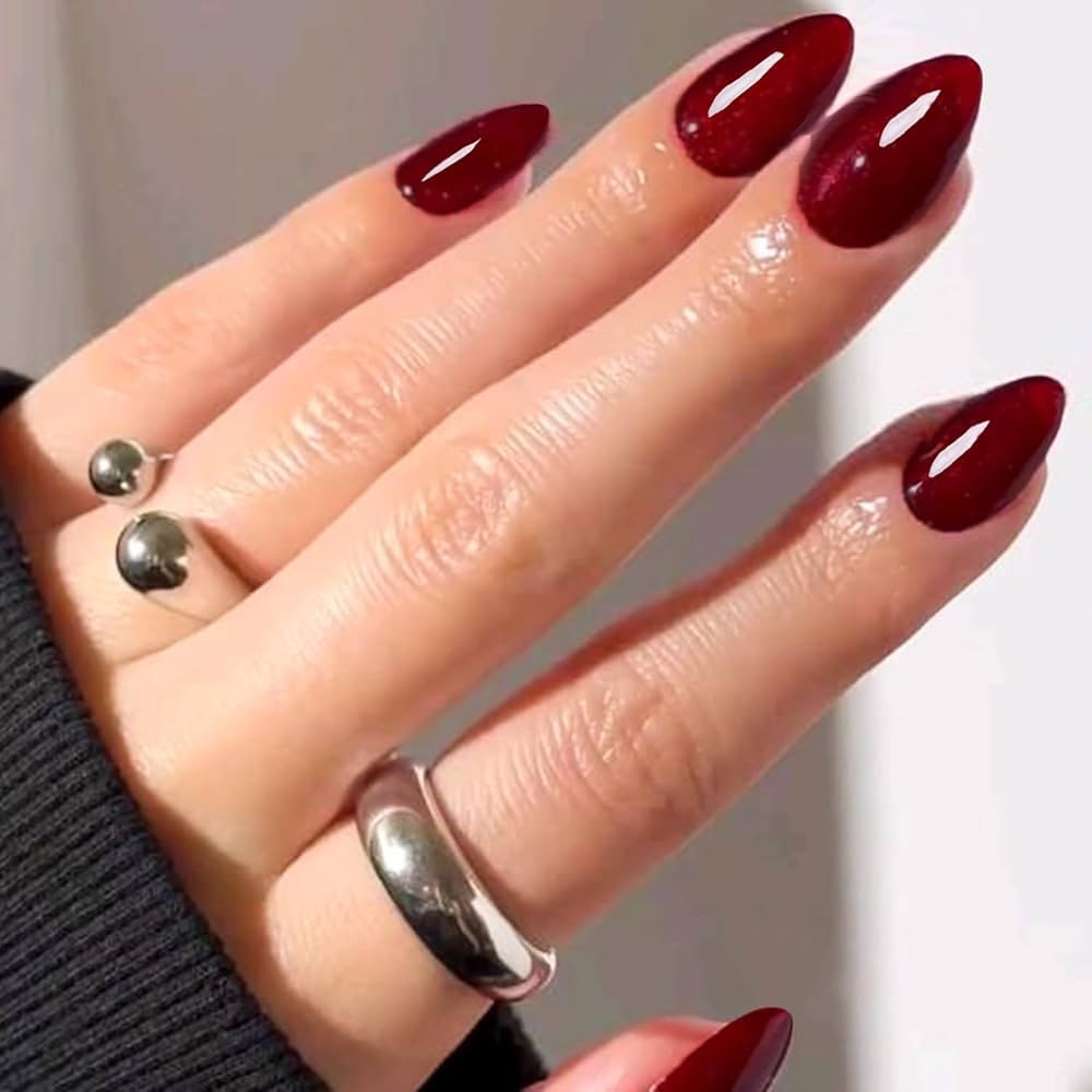 GLAMERMAID Dark Red Press On Nails Short Almond, Christmas Handmade Soft Jelly Gel Nail Tips Deep... | Amazon (US)