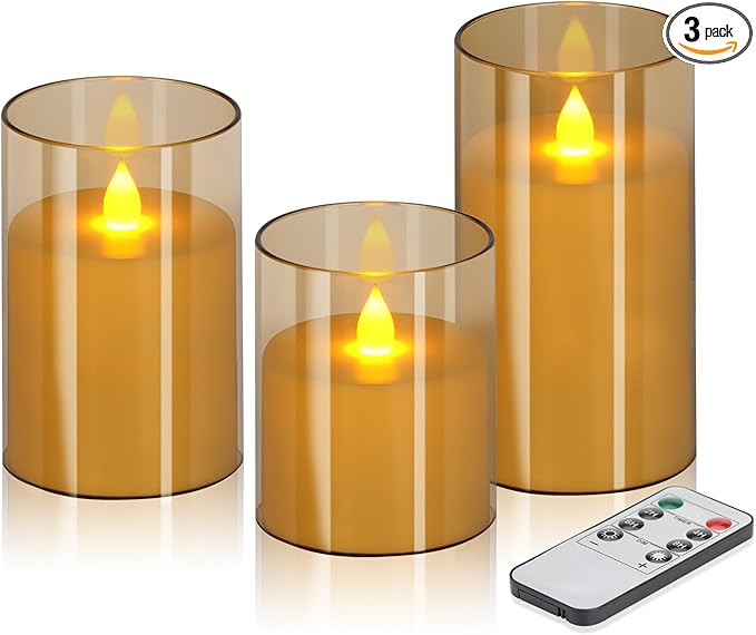 Flameless Candles 4" 5" 6" Set of 3 Acrylic Glass Pillars 3" Diameter Battery Operated Flickering... | Amazon (US)
