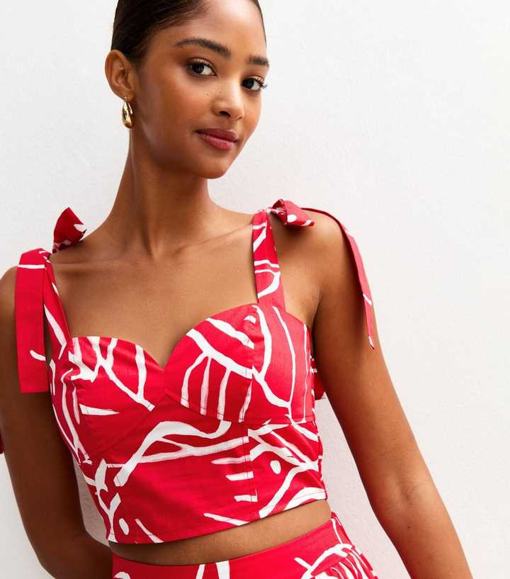 Red Abstract Print Tie Strap Cropped Top | New Look | New Look (UK)