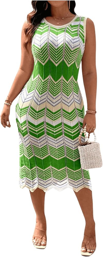 Floerns Women's Plus Size Scoop Neck Sweater Dress Sleeveless Chevron Tank Midi Dress | Amazon (US)