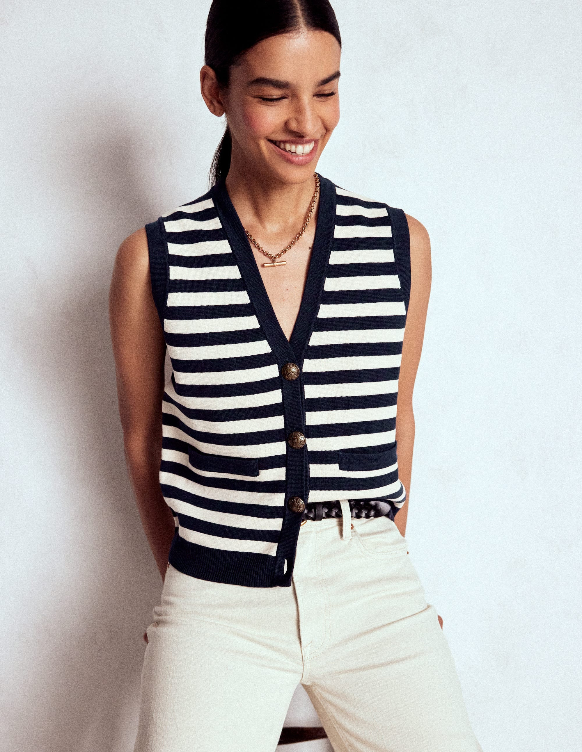 Holly Knitted Waistcoat-Navy and Ivory Stripe | Boden UK