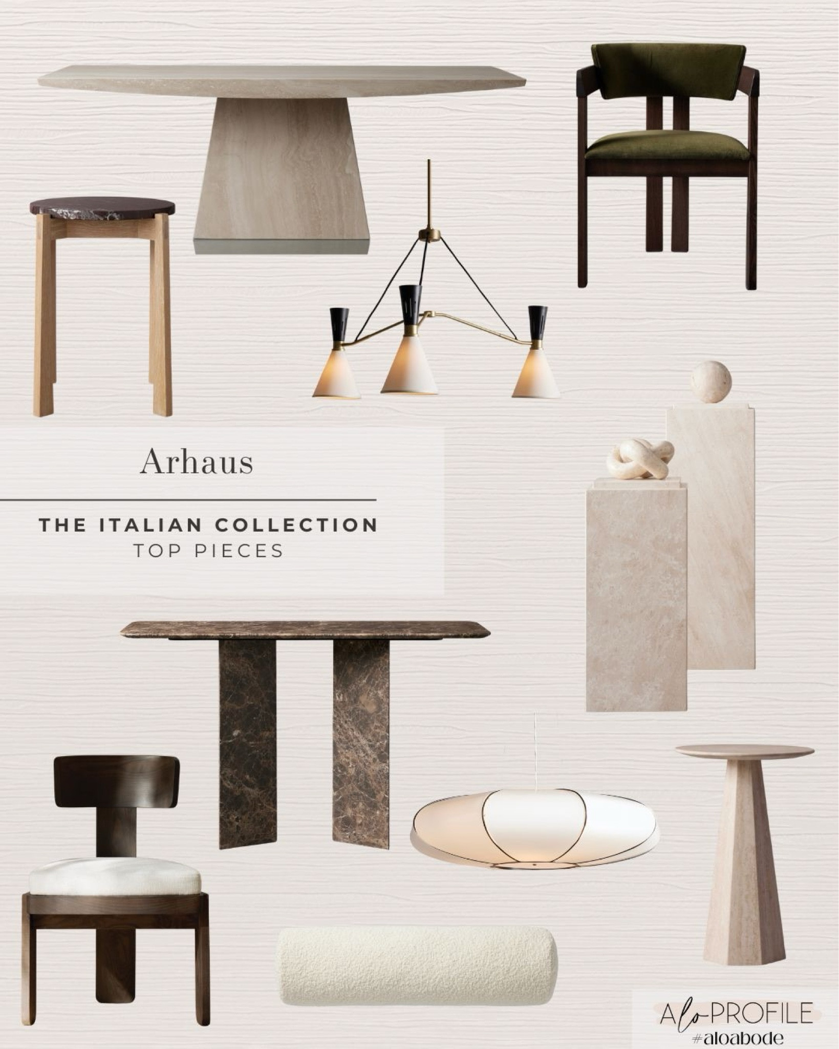 Arhaus // New furniture, fall furniture, stone furniture, upholstery furniture, wood base, white oak nightstands, textured vase, accent chair, boucle chair, boucle swivel, white oak dresser, brass light fixture, Arhaus decor, modern furniture, modern decor