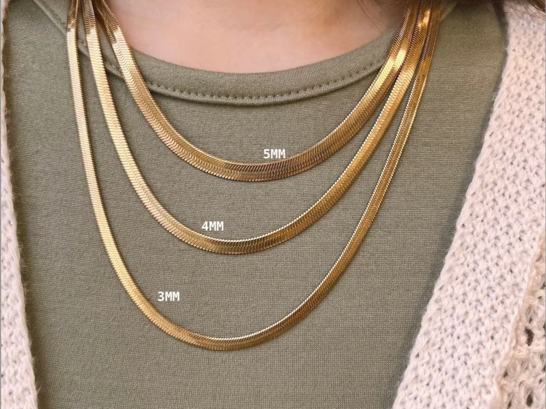 18K Gold Herringbone Chain Necklace, Snake Chain Necklace, 3MM 4MM 5MM Snake Necklace, Stainless ... | Etsy (US)