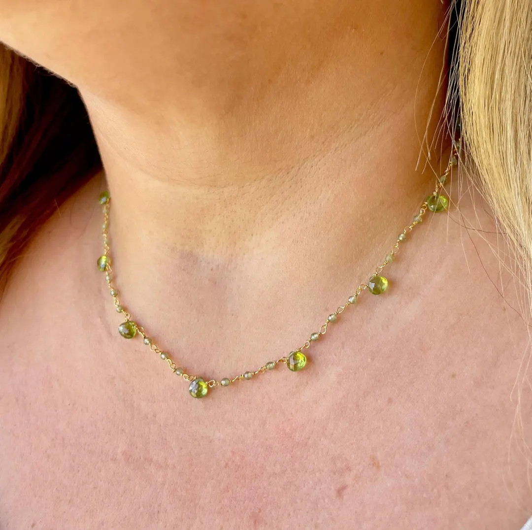 Peridot Necklace, Lime Green Beaded Choker in Gold or Silver, Wire Wrapped Dainty Minimalist Neck... | Etsy (US)