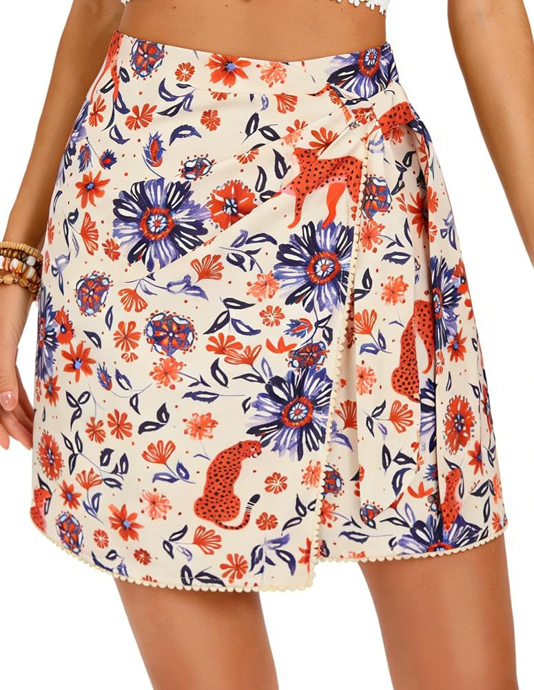 Kate Kasin Women's Boho Mini Skirts Floral Wrap Tie Skirt Elastic High Waisted Summer Casual Beac... | Amazon (US)