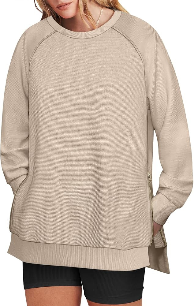 Caracilia Womens Oversized Sweatshirts Long Sleeve Crewneck Pullover Tunic Tops with Side Zipper ... | Amazon (US)