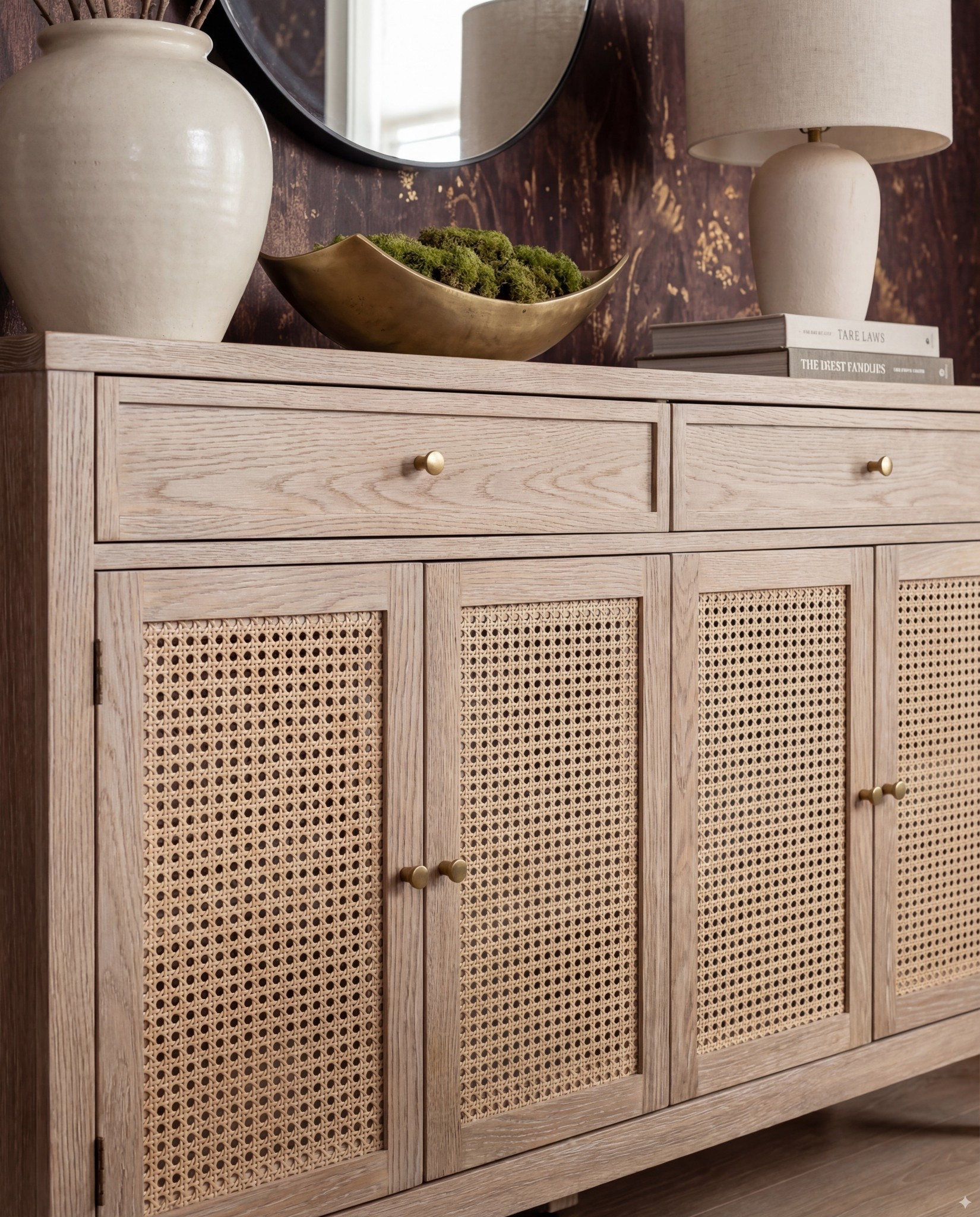 Shop the Look:
• Round fluted pedestal dining table (light oak tone)
• Cream boucle dining chairs with brass base
• Botanical dark brown + gold wallpaper
• Vintage-washed Persian-style dining room rug
• Light oak sideboard with cane-door detailing
• Round bronze-framed wall mirror
• Matte black vase with branches
• Oversized ceramic decorative vase (stone finish)
• Textured taupe table lamp
• Gold-tray centerpiece décor
• Frosted globe pendant light (antique brass stem)

Black Friday

#LTKHome #LTKSaleAlert #LTKCyberWeek