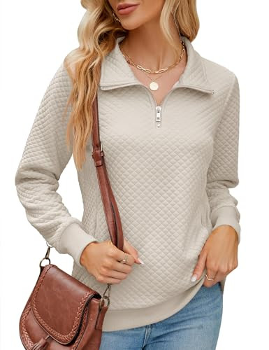 AKEWEI Womens Half Zip Pullover Long Sleeve V Neck Loose Fit Sweatshirt with Pockets Beige L | Amazon (US)