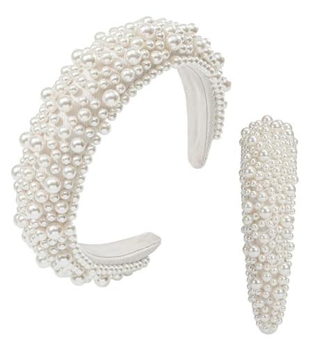 Mixcbe Pearl Headband White Pearl Headband for Women Fashion Bridal Headband Headpieces For Wedding Thick Puffy Beaded Padded Headband Hair Accessories For Her（white-pearl | Amazon (US)
