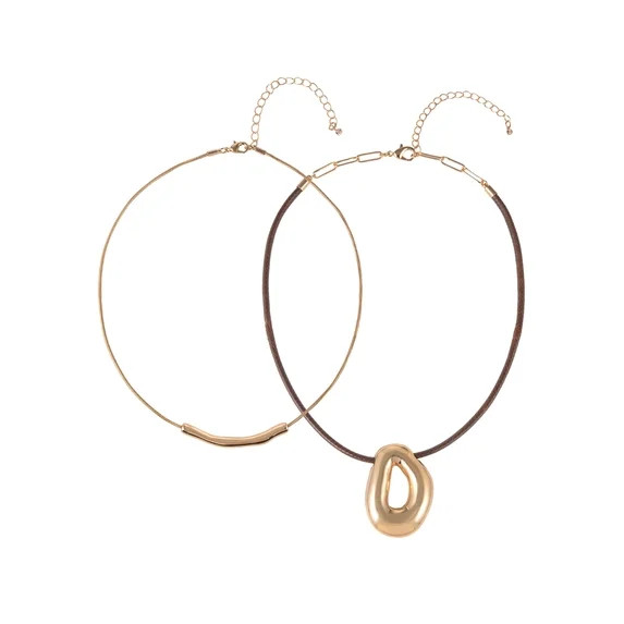 Time and Tru Goldtone 2 Row Thick Snake Chain and Cord with Oval Pendant Necklace | Walmart (US)
