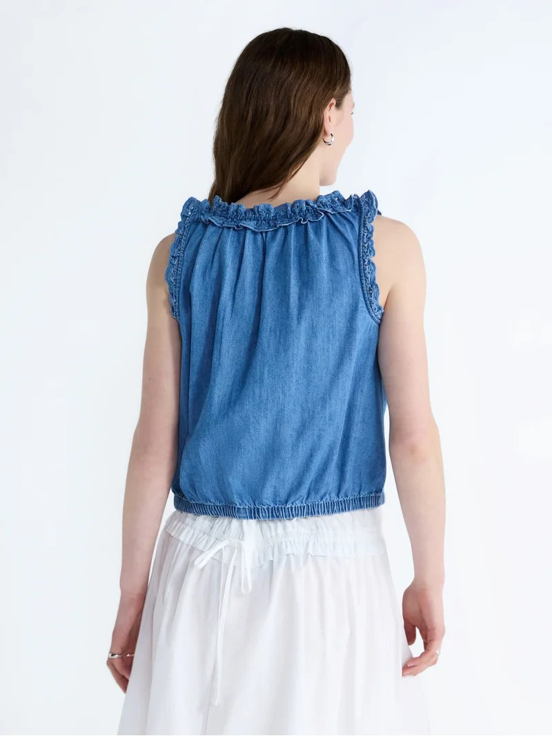 Free Assembly Eyelet Ruffle Sleeveless Chambray Top, Sizes XS-XL - Walmart.com | Walmart (US)