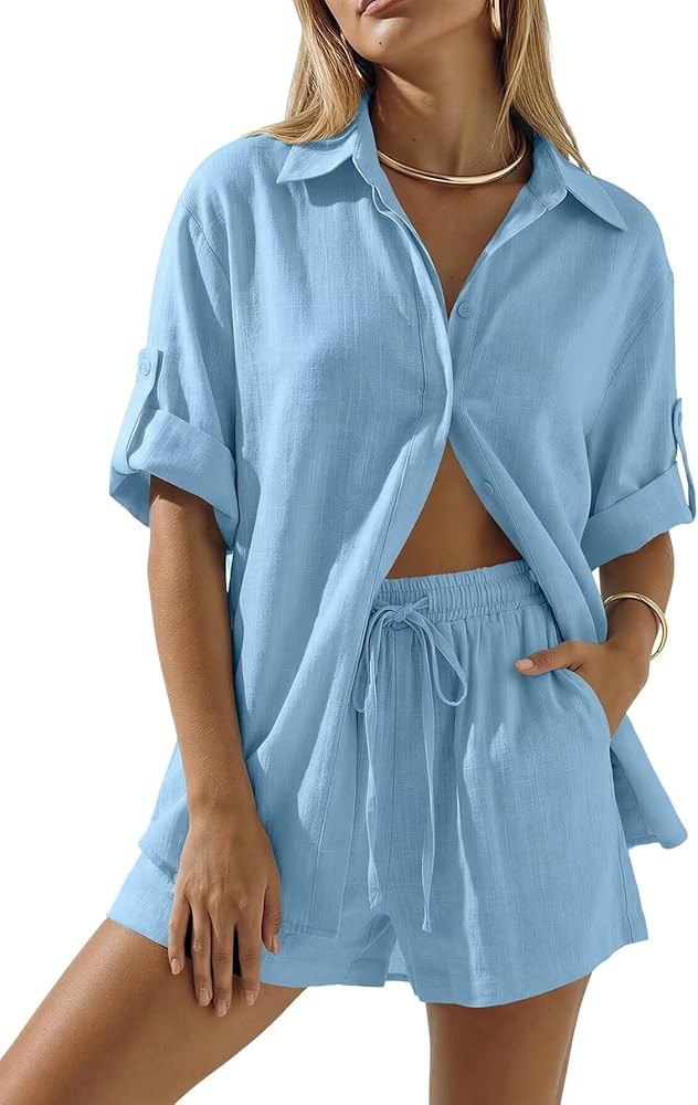 BWQ Womens 2 Piece Linen Short Sets Beach Vacation two piece sets for women summer | Amazon (US)
