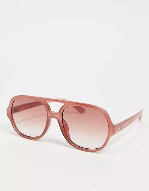 ASOS DESIGN recycled frame brow bar plastic aviator sunglasses with dusty pink lens | ASOS (Global)