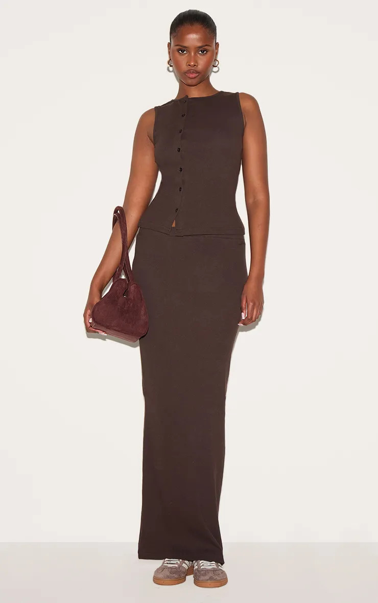 Chocolate Ribbed Maxi Mid Rise Skirt Co-ord | PrettyLittleThing UK