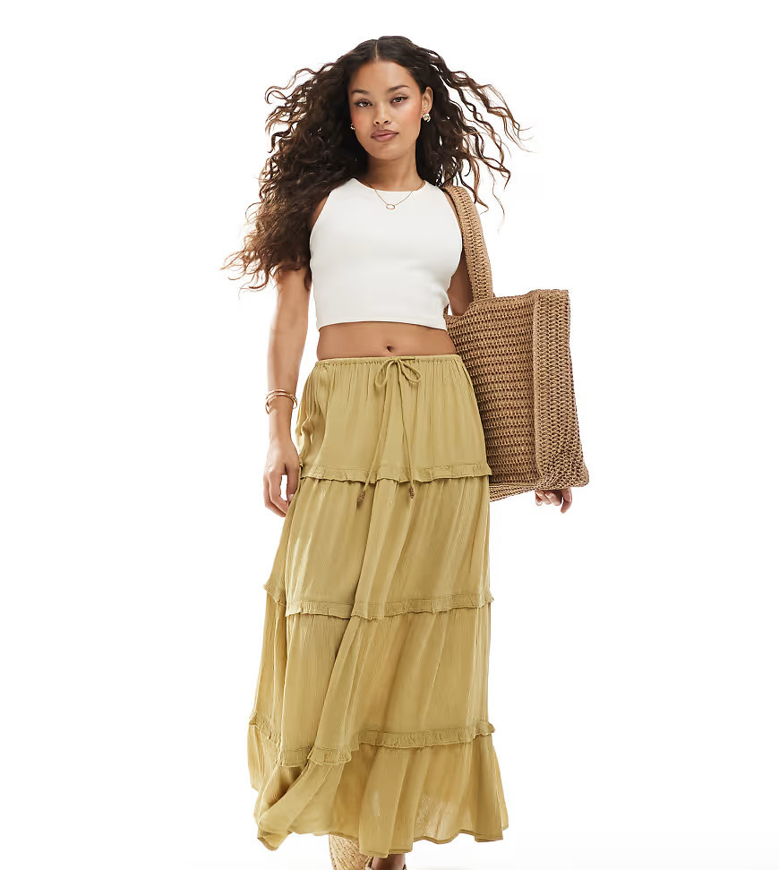 Miss Selfridge Petite tiered maxi skirt in light khaki green-Multi | ASOS (Global)